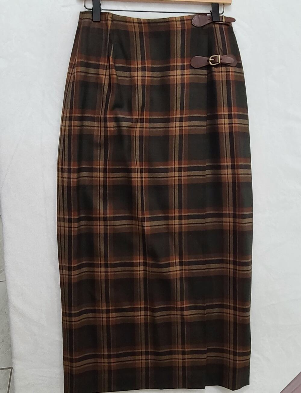 Lauren Ralph Lauren Plaid Wool Wrap Skirt Women Brown Green Rust Size 8 Leather